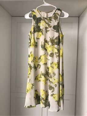 Calvin Klein Floral Sleeveless A-Line Dress in Yellow and Cream Chiffon US 6